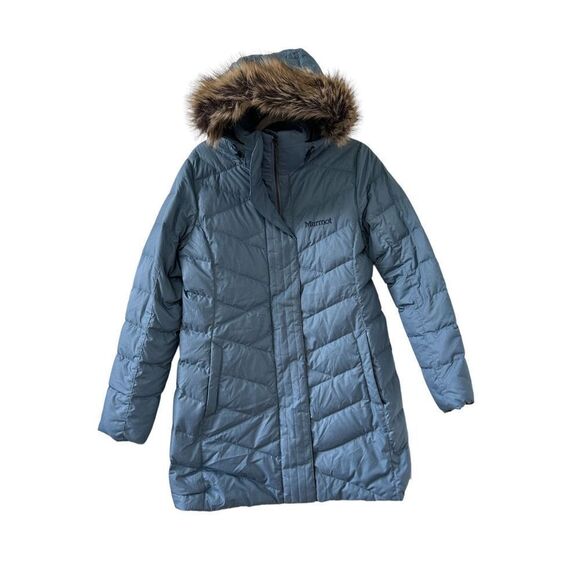 Marmot Down Varma Faux Fur Hooded Long Jacket Women’s Storm Cloud Size Large - Picture 1 of 8